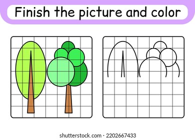 Complete the picture tree. Copy the picture and color. Finish the image. Coloring book. Educational drawing exercise game for children. Vector illustration
