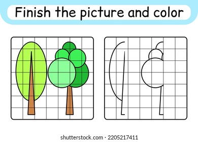 Complete the picture tree. Copy the picture and color. Finish the image. Coloring book. Educational drawing exercise game for children. Vector illustration