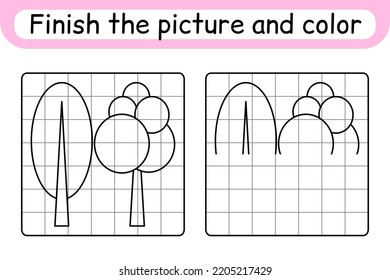 Complete el árbol de imágenes. Copia la imagen y el color. Termina la imagen. Libro de colorear. Juego educativo de dibujo para niños. Ilustración del vector
