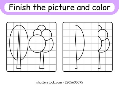 Complete the picture tree. Copy the picture and color. Finish the image. Coloring book. Educational drawing exercise game for children. Vector illustration
