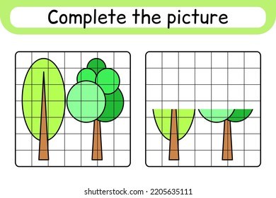 Complete the picture tree. Copy the picture and color. Finish the image. Coloring book. Educational drawing exercise game for children. Vector illustration