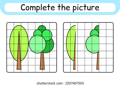 Complete the picture tree. Copy the picture and color. Finish the image. Coloring book. Educational drawing exercise game for children. Vector illustration