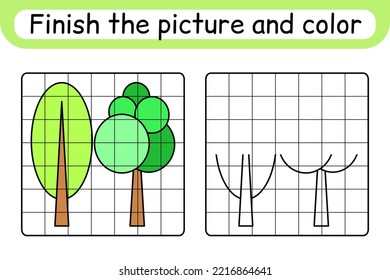 Complete the picture tree. Copy the picture and color. Finish the image. Coloring book. Educational drawing exercise game for children. Vector illustration