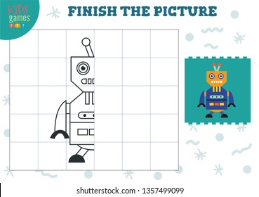 Complete the picture vector illustration. Finish and coloring game for preschool and school kids. Half of futuristic robot  for drawing and early development activity 