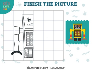 Complete the picture vector illustration. Finish and coloring game for preschool and kindergarten kids. Half of robot  character for drawing and education activity 