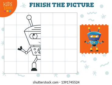 Complete the picture vector illustration. Finish and coloring game for preschool and kindergarten kids. Half of robot  character for drawing and education activity 