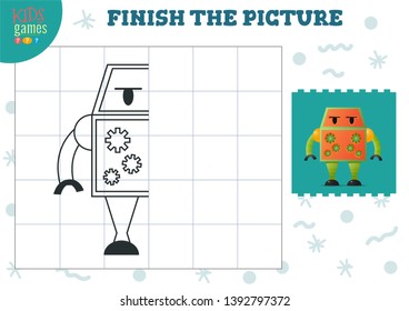 Complete the picture vector illustration. Finish and coloring game for preschool and school kids. Half of cute humanoid robot outline for drawing and education activity 