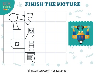 Complete the picture vector illustration. Finish and coloring game for preschool and school kids. Half of futuristic robot  for drawing and early development activity 