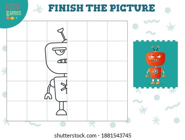 Complete the picture vector illustration. Finish and coloring game for preschool and kindergarten kids. Half of robot  character for drawing and education activity