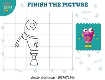 Complete la ilustración del vector de imagen. Fin y coloración de juegos para niños en edad preescolar y escolar. La mitad del lindo esquema de un robot humanoide para la actividad de dibujo y educación