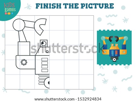 Complete the picture vector illustration. Finish and coloring game for preschool and school kids. Half of futuristic robot  for drawing and early development activity 