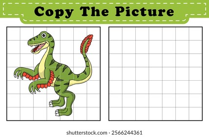 Complete the picture of a Velociraptor. Copy the picture. Coloring book. Educational game for children. Cartoon vector illustration