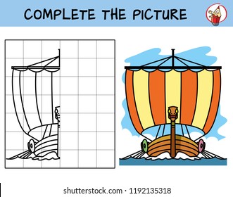 Complete the picture of viking ship. Copy the picture. Coloring book. Educational game for children. Cartoon vector illustration