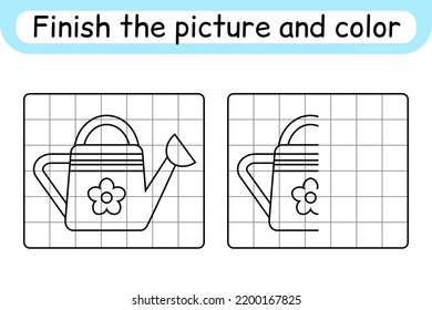 Complete the picture watering can. Copy the picture and color. Finish the image. Coloring book. Educational drawing exercise game for children. Vector illustration