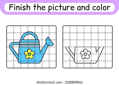 Complete the picture watering can. Copy the picture and color. Finish the image. Coloring book. Educational drawing exercise game for children. Vector illustration