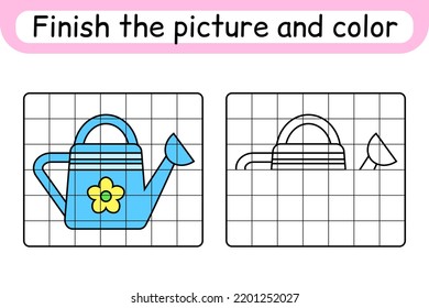 Complete the picture watering can. Copy the picture and color. Finish the image. Coloring book. Educational drawing exercise game for children. Vector illustration