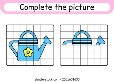 Complete the picture watering can. Copy the picture and color. Finish the image. Coloring book. Educational drawing exercise game for children. Vector illustration