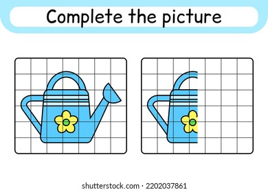 Complete the picture watering can. Copy the picture and color. Finish the image. Coloring book. Educational drawing exercise game for children. Vector illustration