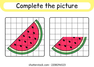 Complete the picture watermelon. Copy the picture and color. Finish the image. Coloring book. Educational drawing exercise game for children. Vector illustration