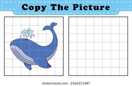 Complete the picture of a Whale. Copy the picture. Coloring book. Educational game for children. Cartoon vector illustration