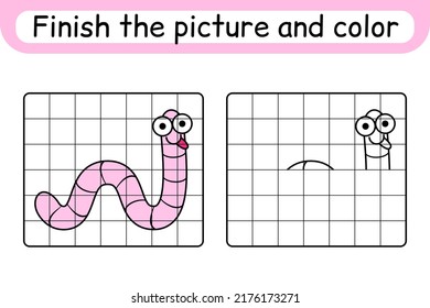 Complete the picture worm. Copy the picture and color. Finish the image. Coloring book. Educational drawing exercise game for children. Vector illustration