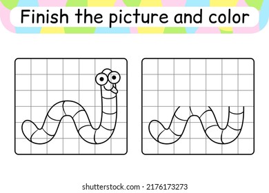 Complete the picture worm. Copy the picture and color. Finish the image. Coloring book. Educational drawing exercise game for children. Vector illustration