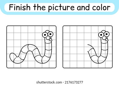 Complete the picture worm. Copy the picture and color. Finish the image. Coloring book. Educational drawing exercise game for children. Vector illustration