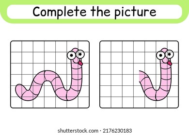 Completa la imagen del gusano. Copia la imagen y el color. Termina la imagen. Libro de colorear. Juego educativo de dibujo para niños. Ilustración del vector