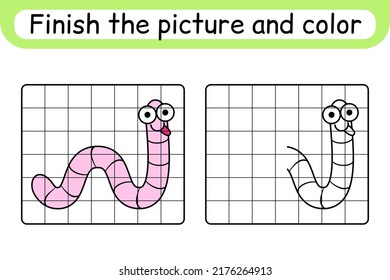 Complete the picture worm. Copy the picture and color. Finish the image. Coloring book. Educational drawing exercise game for children. Vector illustration