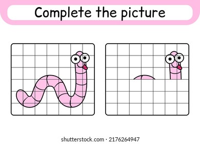 Complete the picture worm. Copy the picture and color. Finish the image. Coloring book. Educational drawing exercise game for children. Vector illustration