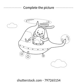 Complete the picture.Bunny in the helicopter. Coloring page.Children educational game. 