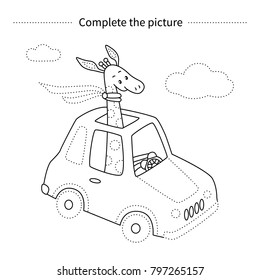 Complete the picture.Giraffe in a car.Coloring page.Children educational game. 