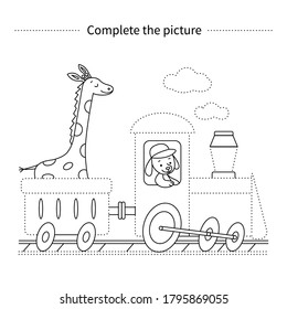 Complete the picture.Train, dog driving train with a giraffe in the back. Coloring page. Children educational game. 