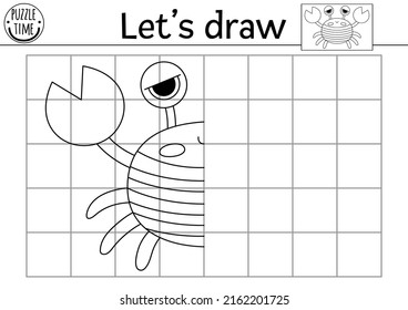 Complete the pirate crab picture. Vector pirate symmetrical drawing practice worksheet. Printable black and white activity for preschool kids. Copy the picture treasure island game with cute animal
