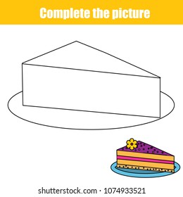 Complete the piture drawing activity with cake. Children educational game, printable worksheet