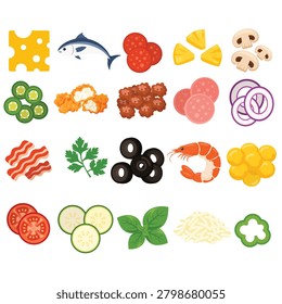 Complete pizza topping ingredient collection featuring cheese, fish, pepperoni, pineapple, mushroom, jalapeno, chicken, sausage, onion, bacon, parsley, olive, shrimp, tomato, zucchini, basil, mozzarella, and bell pepper slices. Ideal for restaurant menus, food infographics, cooking guides, recipe designs, pizzeria branding, and culinary content.