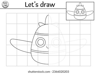 Complete the plane picture. Vector transportation symmetrical drawing practice worksheet. Printable black and white activity for kids. Copy the picture transport coloring page with airplane
