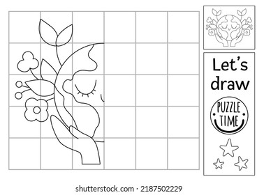 Completa la imagen del planeta. Hoja de trabajo de práctica de dibujo simétrico ecológico vectorial. Actividad imprimible en blanco y negro para niños en edad preescolar. Conciencia ecológica o Día de la Tierra, copie la imagen
