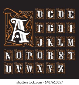 A complete premium collection of uppercase letters from A to Z, designed in a sophisticated Art Nouveau and Victorian style. Each character is enclosed in a decorative frame featuring intricate floral scrolls and organic vine motifs. This elegant typography set is perfect for luxury branding, wedding invitations, boutique logos, high-end packaging, and classic editorial design.