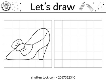 Completa la foto del zapato de la princesa. Hoja de trabajo de práctica de dibujo de cuento de hadas vectoriales. Actividad imprimible en blanco y negro para niños en edad preescolar. Copiar la imagen del juego temático del reino mágico
