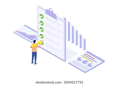 Complete project task, getting things done, business accomplishment concept. Isometric Vector illustration.
