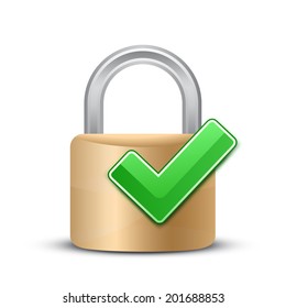 Complete protection sign. Security Concept. Vector illustration of padlock and green check mark