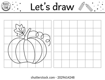 Complete the pumpkin picture. Vector garden drawing practice worksheet. Autumn Thanksgiving printable black and white activity for preschool kids. Copy the picture insect themed game
