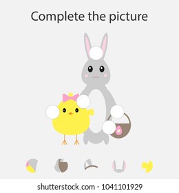Complete the puzzle and find the missing parts of the picture, fun education easter game for children, preschool worksheet activity for kids, task for the development of logical thinking, vector