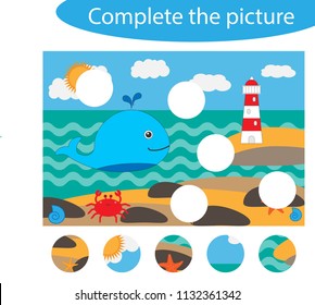 Complete the puzzle and find the missing parts of the picture, ocean life,  fun education game for children, preschool worksheet activity for kids, task for the development of logical thinking, vector