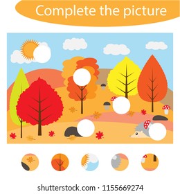 Complete the puzzle and find the missing parts of the picture, autumn,  fun education game for children, preschool worksheet activity for kids, task for the development of logical thinking, vector