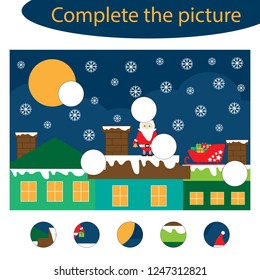 Complete the puzzle and find the missing parts of the picture, christmas fun education game for children, preschool worksheet activity for kids, task for the development of logical thinking, vector