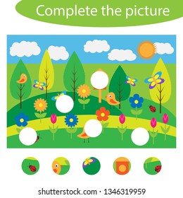 Complete the puzzle and find the missing parts of the picture, spring fun education game for children, preschool worksheet activity for kids, task for the development of logical thinking, vector