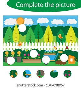 Complete the puzzle and find the missing parts of the picture, garden fun education game for children, preschool worksheet activity for kids, task for the development of logical thinking, vector