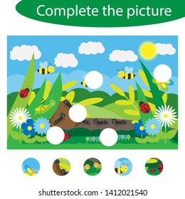 Complete the puzzle and find the missing parts of the picture, insect fun education game for children, preschool worksheet activity for kids, task for the development of logical thinking, vector